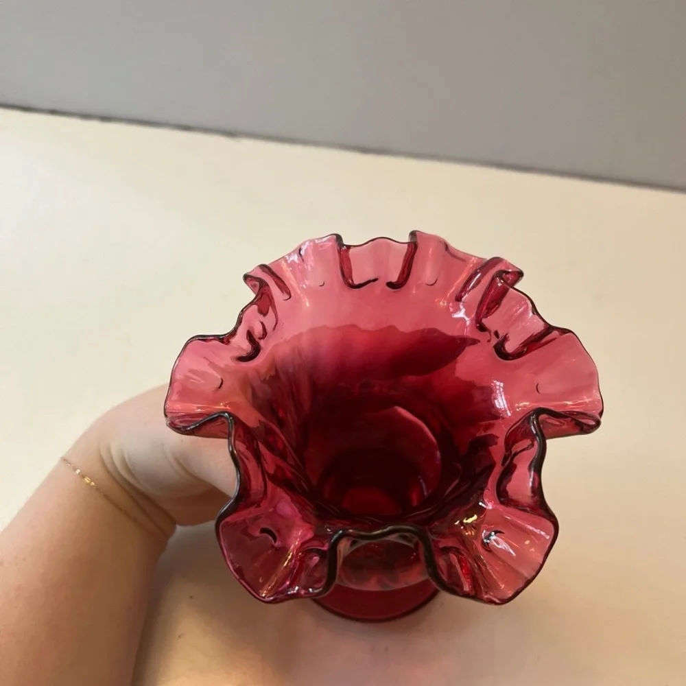Vintage Fenton Cranberry Pink Ruffled Footed Vase